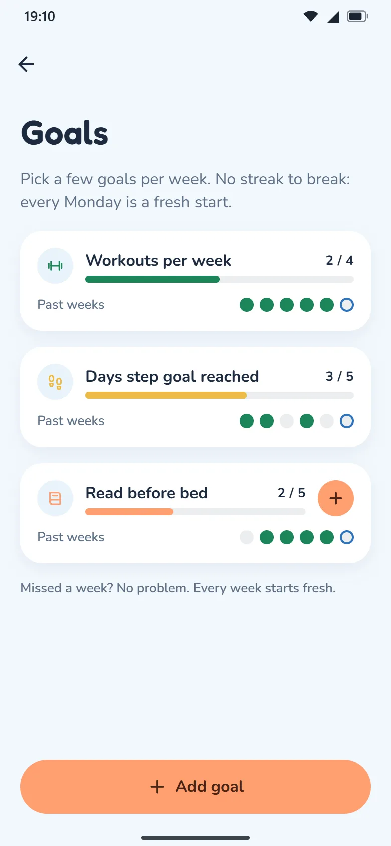 HappyCal Health Center — Weekly goals, no streaks