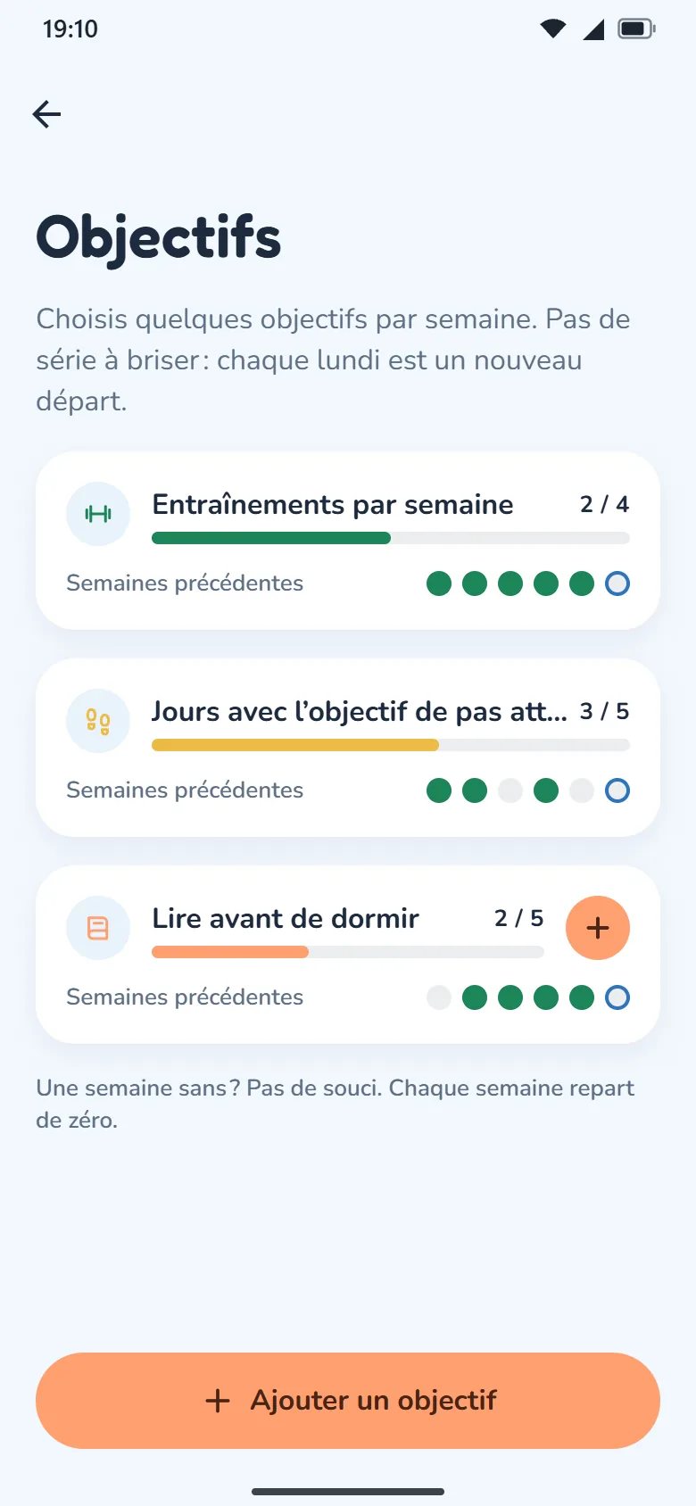 HappyCal Health Center — Objectifs hebdo, sans séries